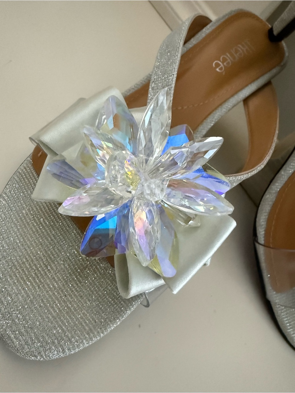 J.Renee Silver Iridescent Crystal Flower Slingback Mules - Picture 2 of 5